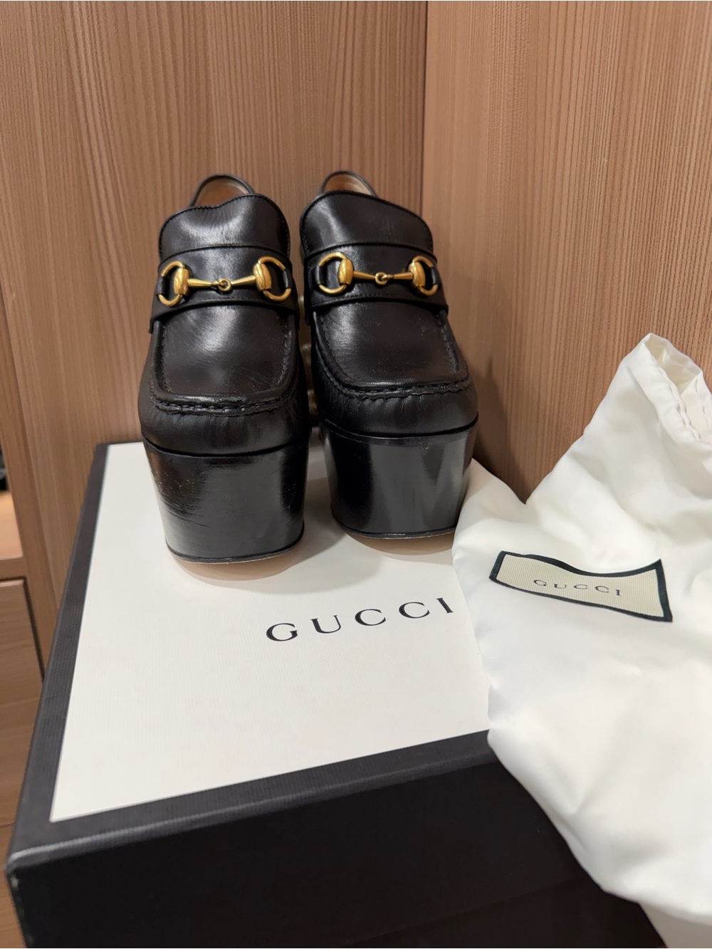 Gucci Marmont Horsebit Pearl Heel Platform Loafers Pumps Black Leather 38 - Picture 5 of 5